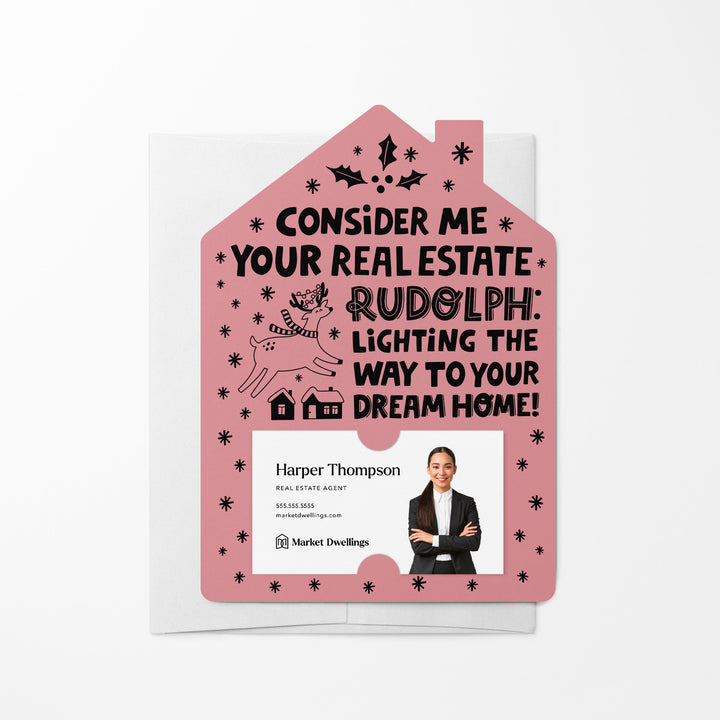 Set of Consider Me Your Real Estate Rudolph: Lighting The Way To Your Dream Home. | Christmas Winter Mailers | Envelopes Included | M81-M001 Mailer Market Dwellings LIGHT PINK