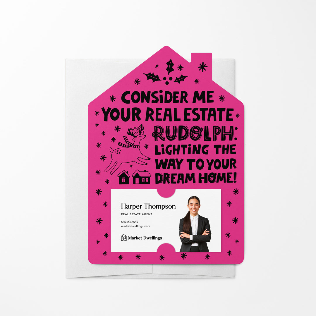 Set of Consider Me Your Real Estate Rudolph: Lighting The Way To Your Dream Home. | Christmas Winter Mailers | Envelopes Included | M81-M001 Mailer Market Dwellings RAZZLE BERRY