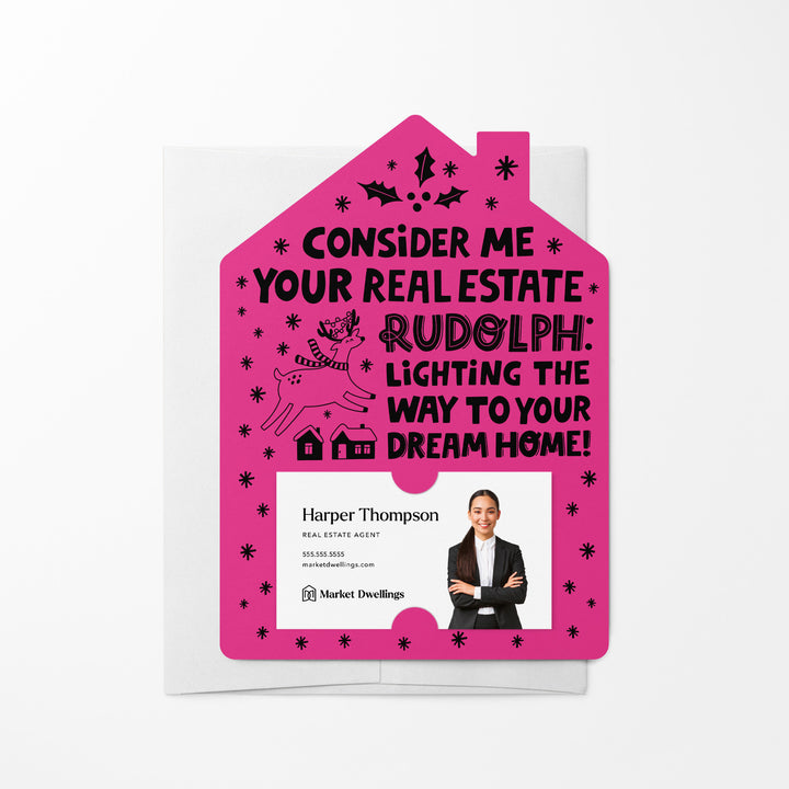 Set of Consider Me Your Real Estate Rudolph: Lighting The Way To Your Dream Home. | Christmas Winter Mailers | Envelopes Included | M81-M001 Mailer Market Dwellings RAZZLE BERRY