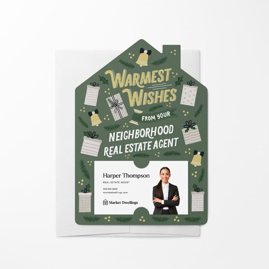 Set of Warmest Wishes From Your Neighborhood Real Estate Agent | Christmas Winter Mailers | Envelopes Included | M93-M001-AB Mailer Market Dwellings OLIVE