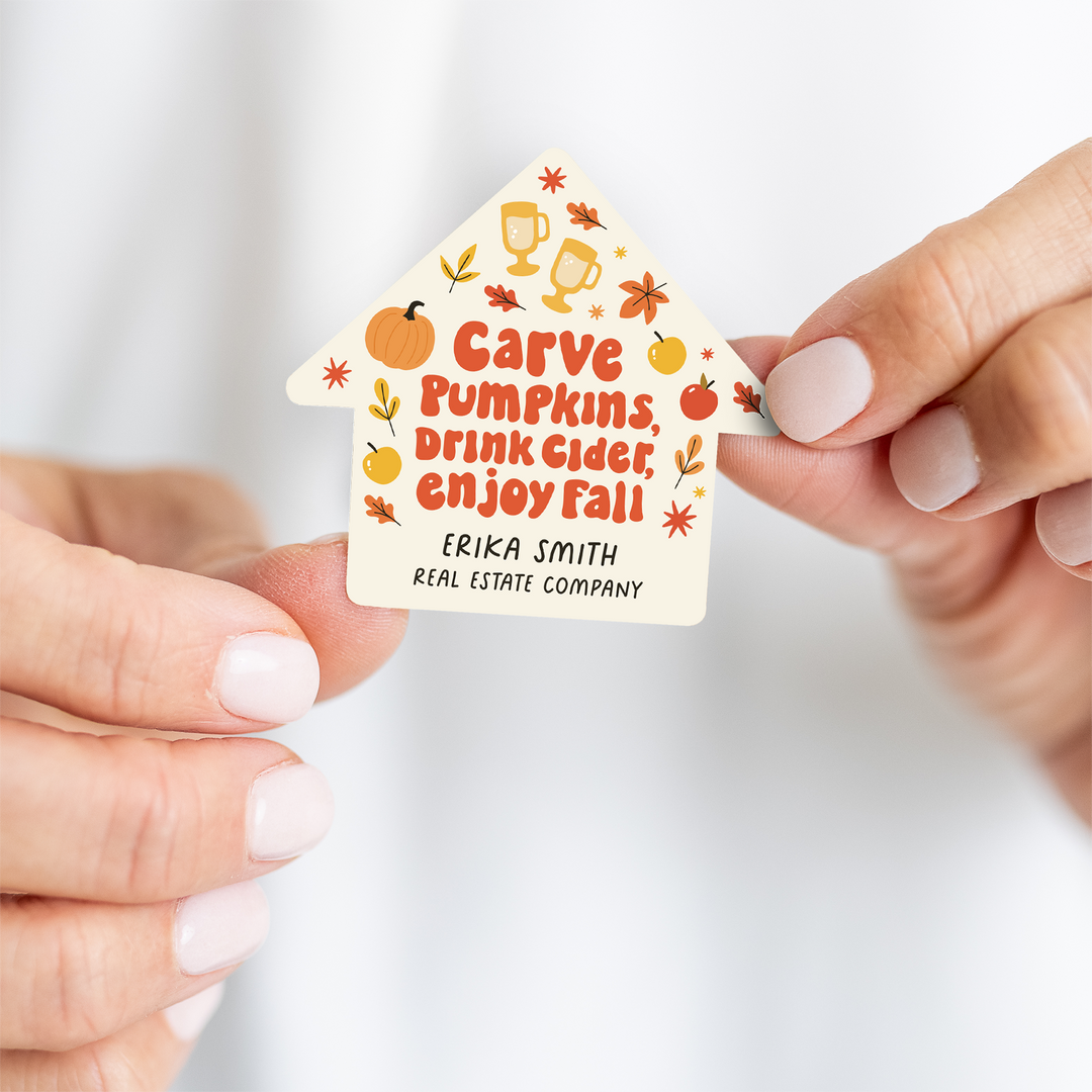 Customizable | Set of Carve Pumpkins, Drink Cider, Enjoy Fall House Shaped Stickers  | 12-LB1