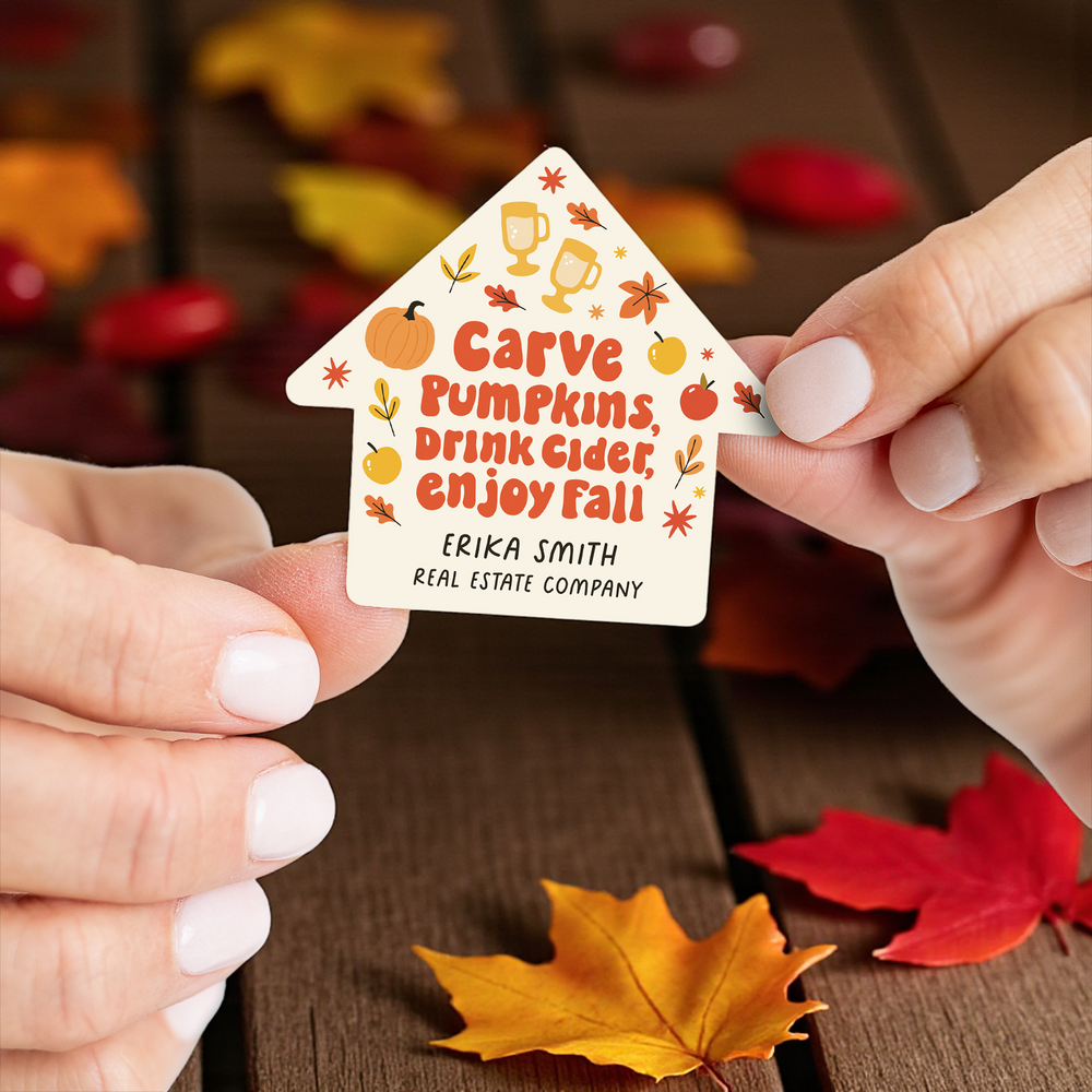 Customizable | Set of Carve Pumpkins, Drink Cider, Enjoy Fall House Shaped Stickers | 12-LB1 Stickers Market Dwellings