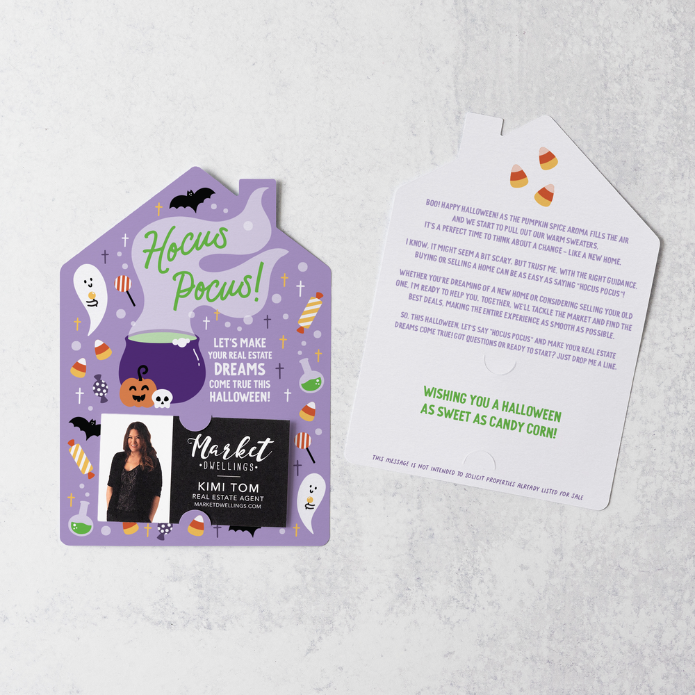 Set of Hocus Pocus! Let's Make Your Real Estate Dreams Come True This Halloween! | Halloween Mailers | Envelopes Included | M223-M001-AB Mailer Market Dwellings PURPLE  