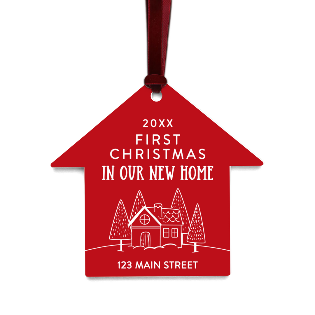 Customizable | First Christmas In Our New Home Ornaments Ornament Market Dwellings RED BURGUNDY