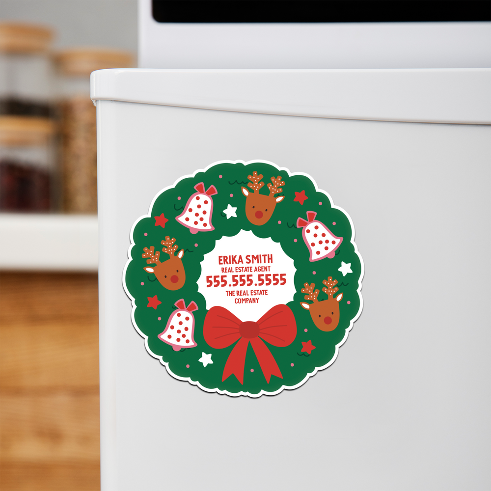 Customizable | Holiday Wreath Refrigerator Magnets | DSM-21-AB Magnet Market Dwellings REINDEER  
