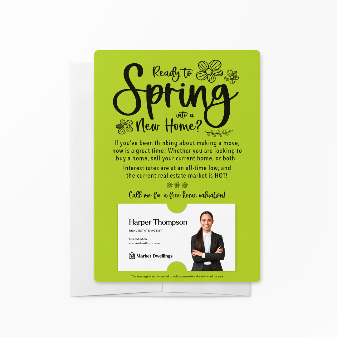 Set of "Ready to Spring into a New Home?" Real Estate Mailer | Envelopes Included | S1-M007 Mailer Market Dwellings GREEN APPLE