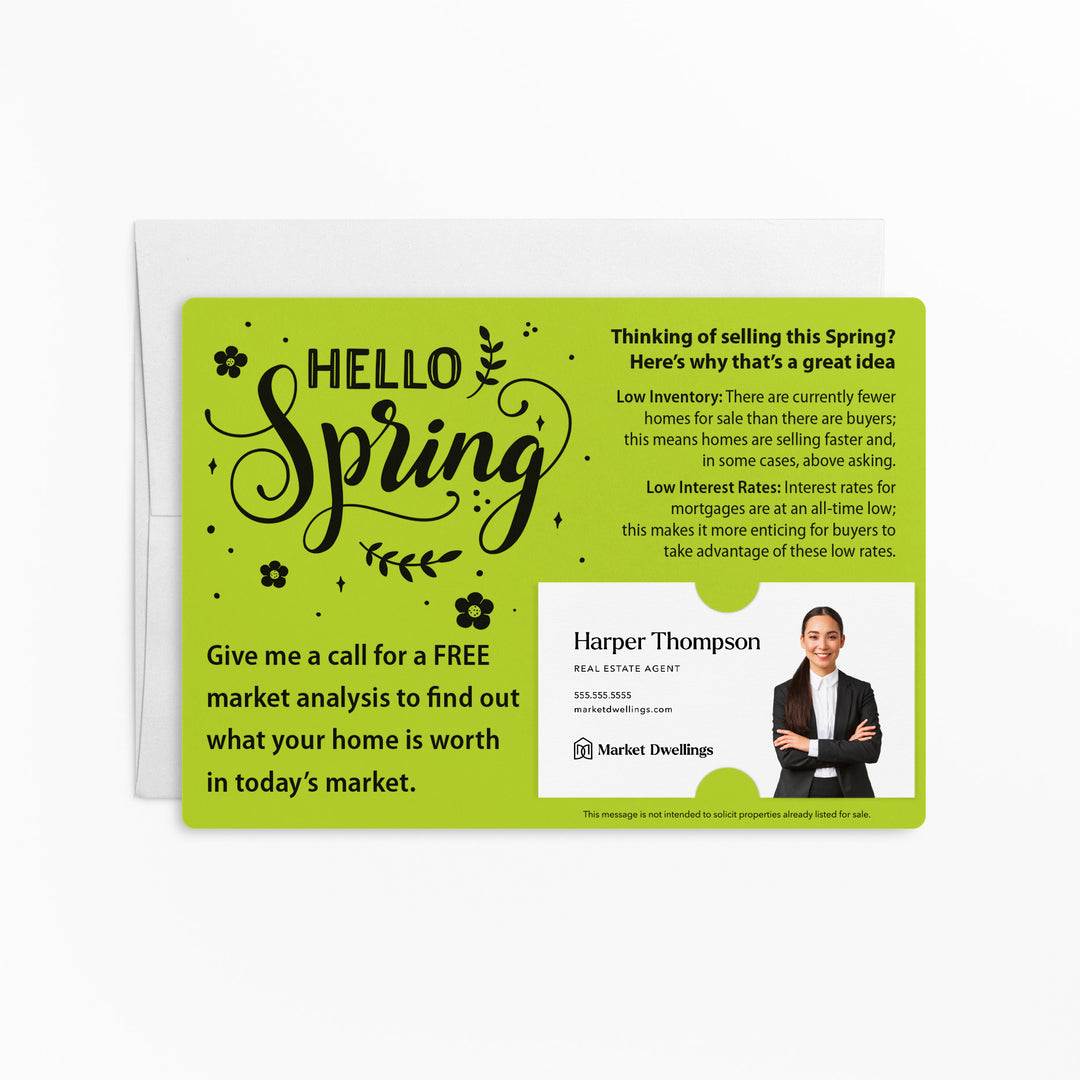 Set of "Hello Spring" Low Inventory Real Estate Mailer | Envelopes Included | S2-M003 Mailer Market Dwellings GREEN APPLE