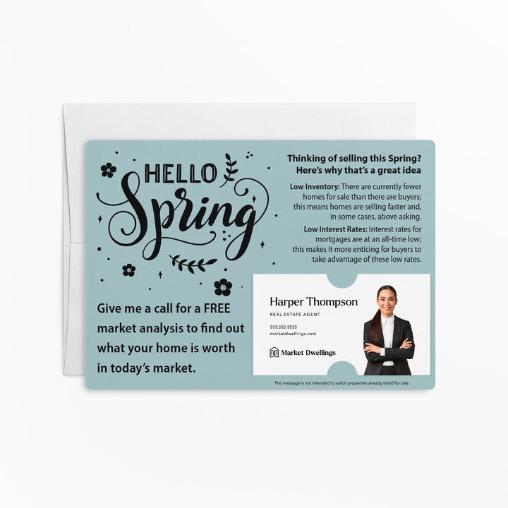 Set of "Hello Spring" Low Inventory Real Estate Mailer | Envelopes Included | S2-M003 Mailer Market Dwellings LIGHT BLUE