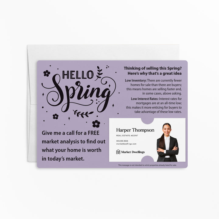 Set of "Hello Spring" Low Inventory Real Estate Mailer | Envelopes Included | S2-M003 Mailer Market Dwellings LIGHT PURPLE