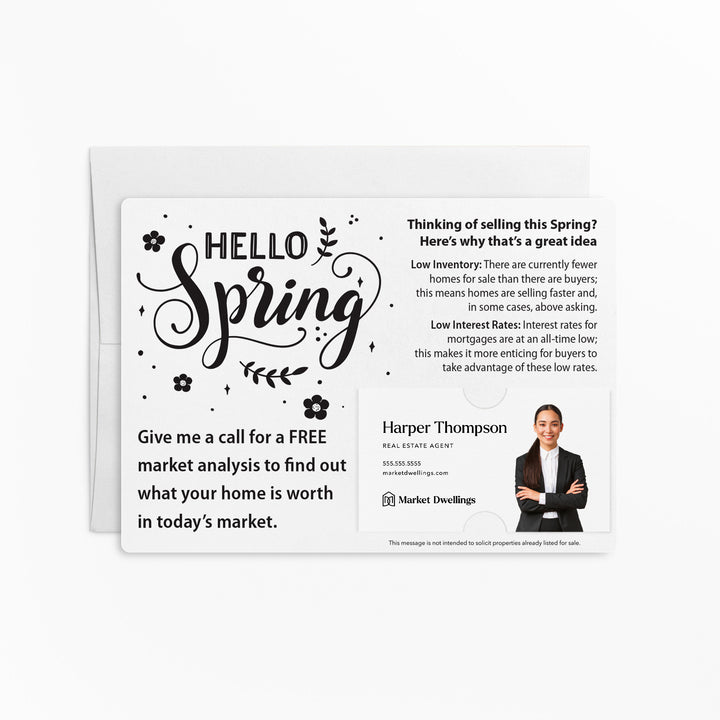 Set of "Hello Spring" Low Inventory Real Estate Mailer | Envelopes Included | S2-M003 Mailer Market Dwellings WHITE