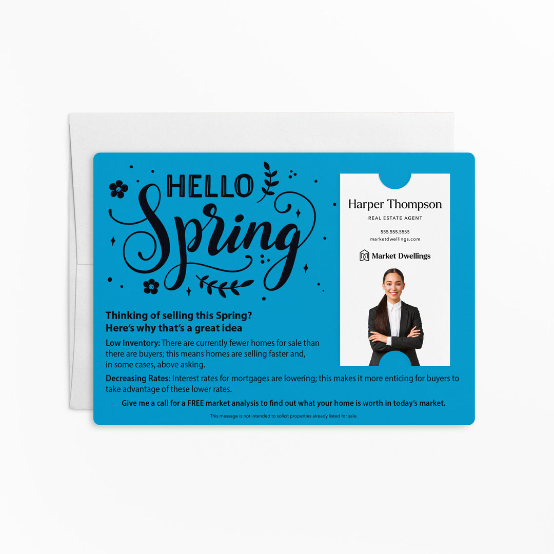 Vertical | Set of "Hello Spring" Low Inventory Real Estate Mailer | Envelopes Included | S2-M005 Mailer Market Dwellings ARCTIC