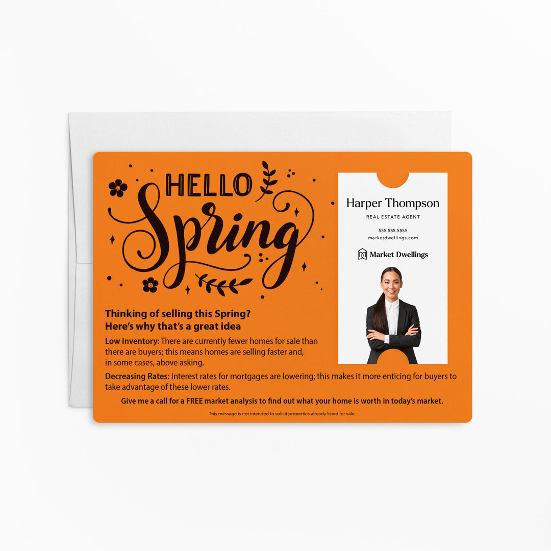 Vertical | Set of "Hello Spring" Low Inventory Real Estate Mailer | Envelopes Included | S2-M005 Mailer Market Dwellings CARROT