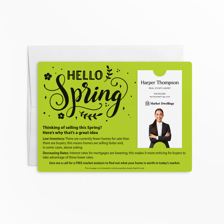 Vertical | Set of "Hello Spring" Low Inventory Real Estate Mailer | Envelopes Included | S2-M005 Mailer Market Dwellings GREEN APPLE