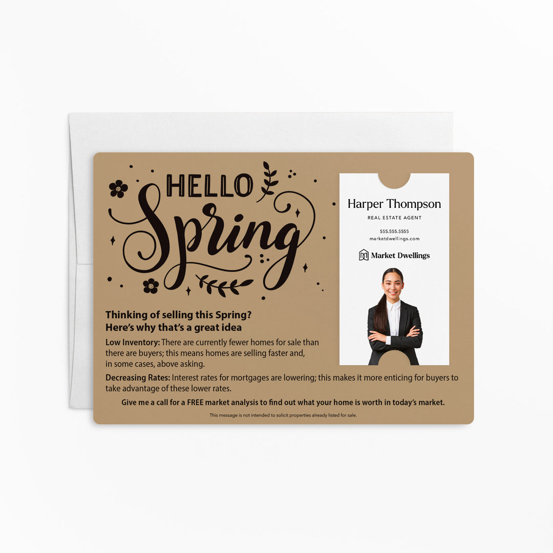 Vertical | Set of "Hello Spring" Low Inventory Real Estate Mailer | Envelopes Included | S2-M005 Mailer Market Dwellings KRAFT