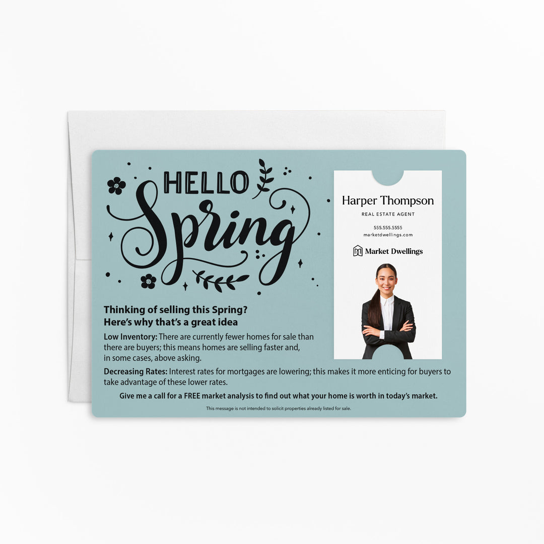 Vertical | Set of "Hello Spring" Low Inventory Real Estate Mailer | Envelopes Included | S2-M005 Mailer Market Dwellings LIGHT BLUE