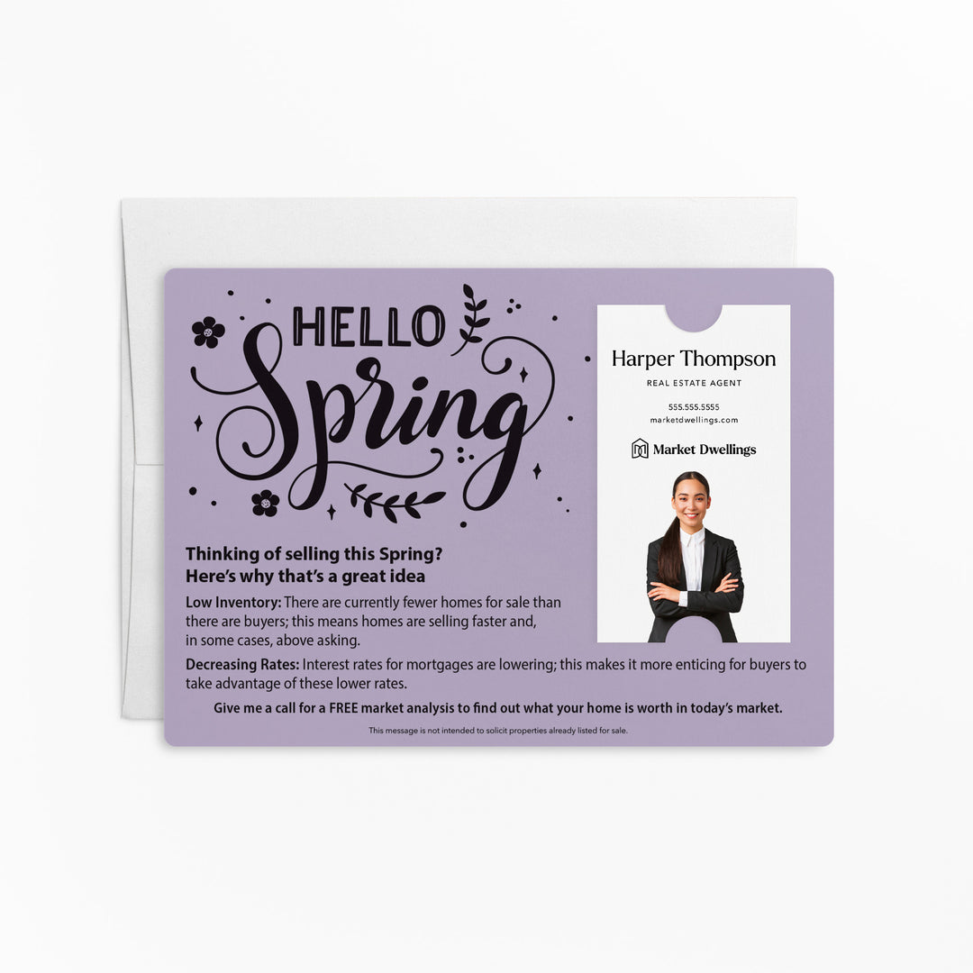 Vertical | Set of "Hello Spring" Low Inventory Real Estate Mailer | Envelopes Included | S2-M005 Mailer Market Dwellings LIGHT PURPLE