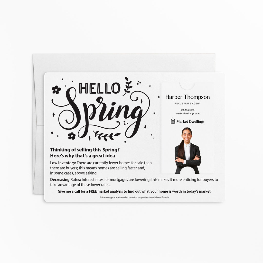 Vertical | Set of "Hello Spring" Low Inventory Real Estate Mailer | Envelopes Included | S2-M005 Mailer Market Dwellings WHITE