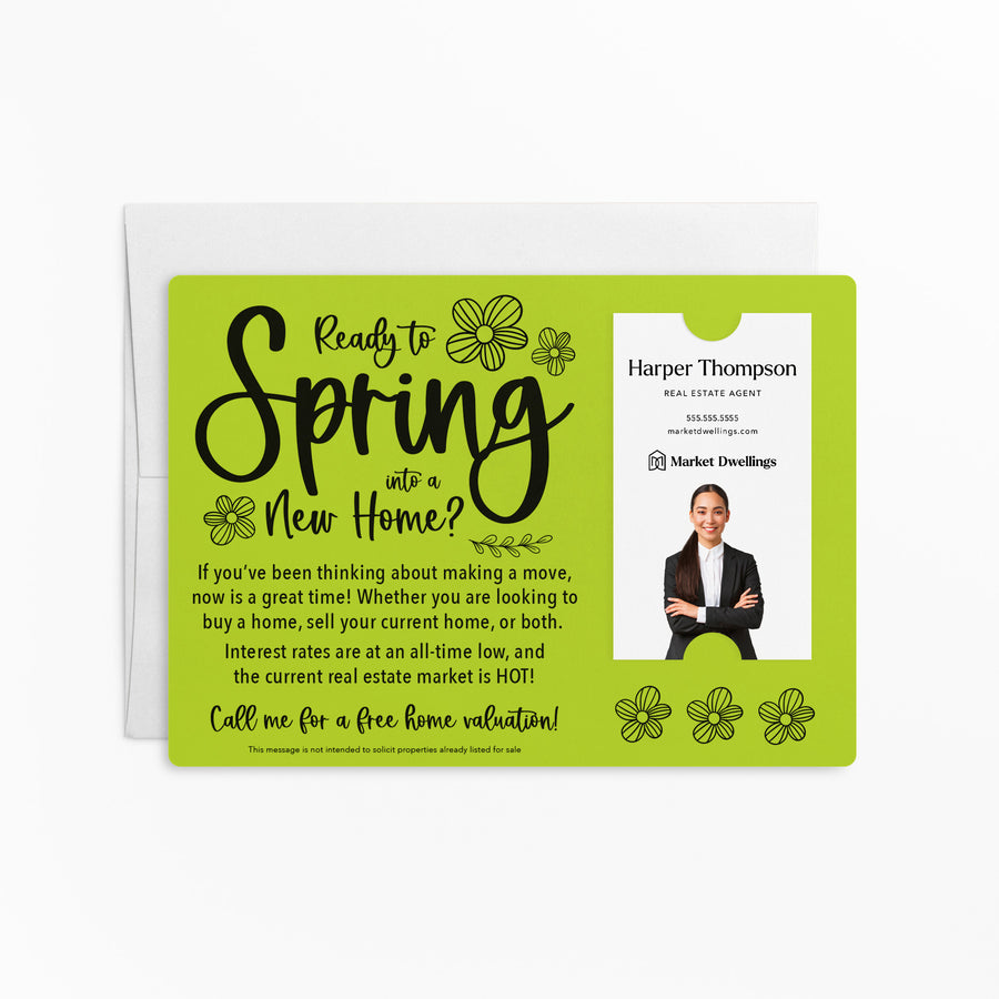 Vertical | Set of "Ready to Spring into a New Home?" Real Estate Mailer | Envelopes Included | S4-M005 Mailer Market Dwellings GREEN APPLE