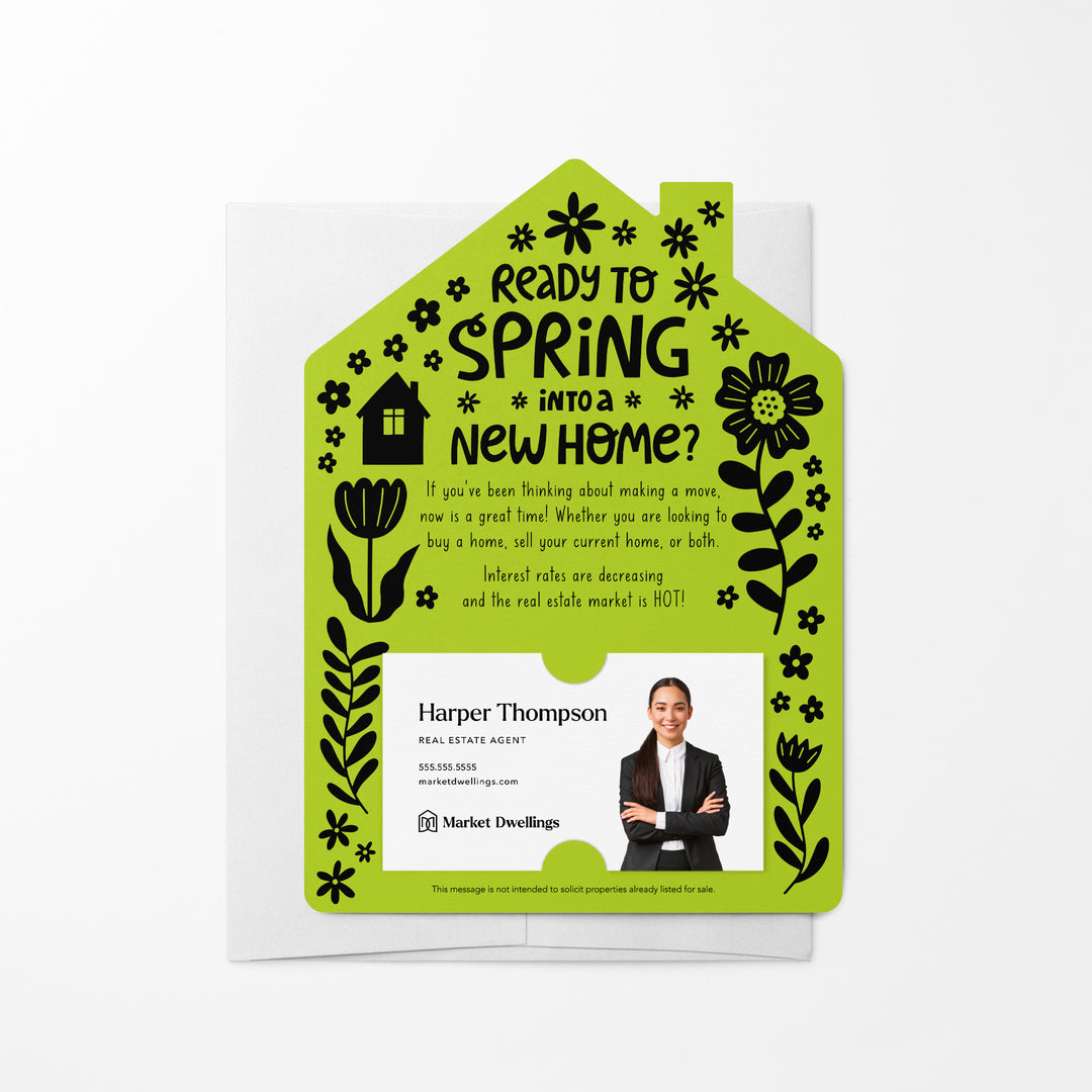 Set of Ready to Spring into a New Home? Real Estate Mailers | Envelopes Included | S4-M001 Mailer Market Dwellings GREEN APPLE