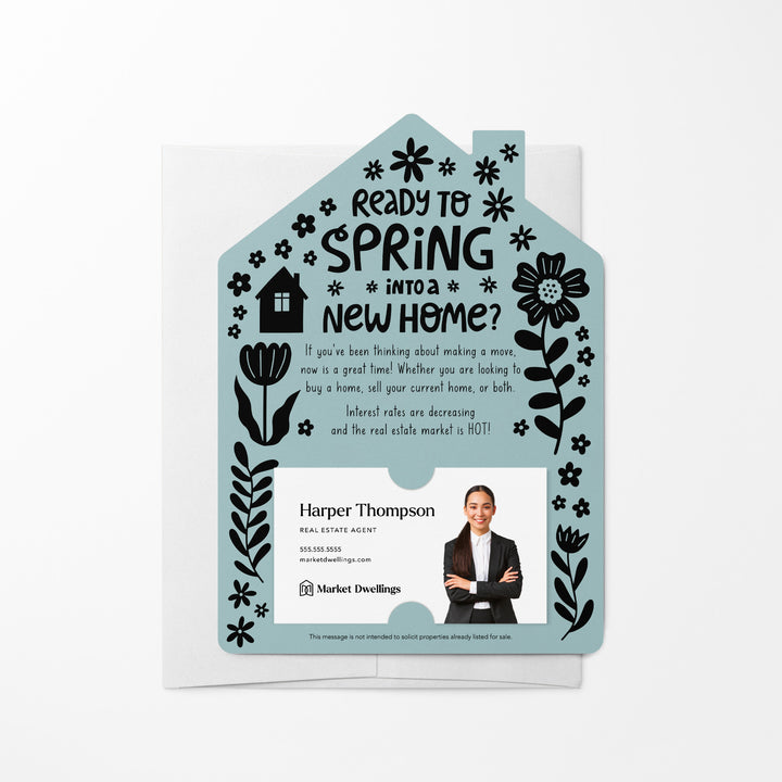 Set of Ready to Spring into a New Home? Real Estate Mailers | Envelopes Included | S4-M001 Mailer Market Dwellings LIGHT BLUE