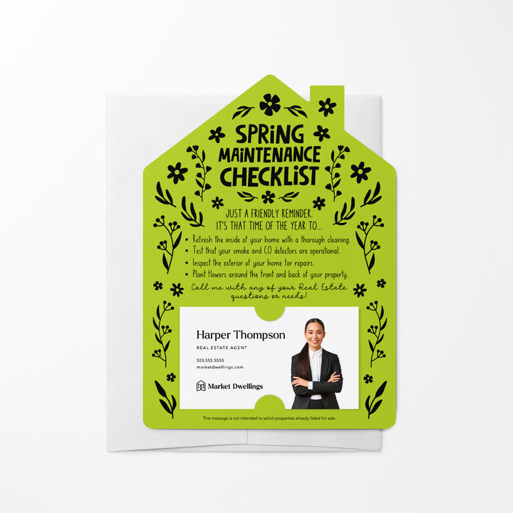 Set of Spring Maintenance Checklist Real Estate Mailers | Envelopes Included | S5-M001 Mailer Market Dwellings GREEN APPLE