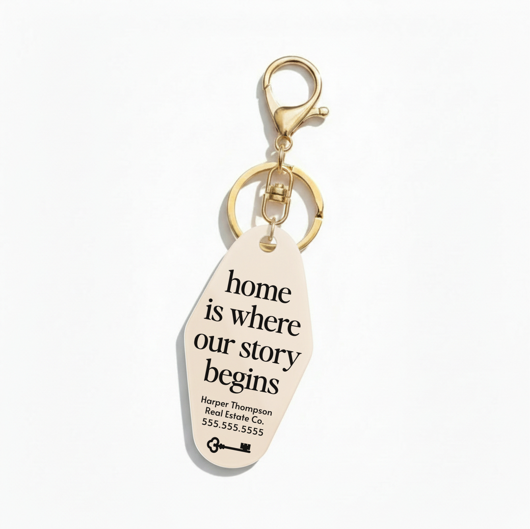 Customizable Home Is Where Our Story Begins Keychains Keychain Market Dwellings IVORY
