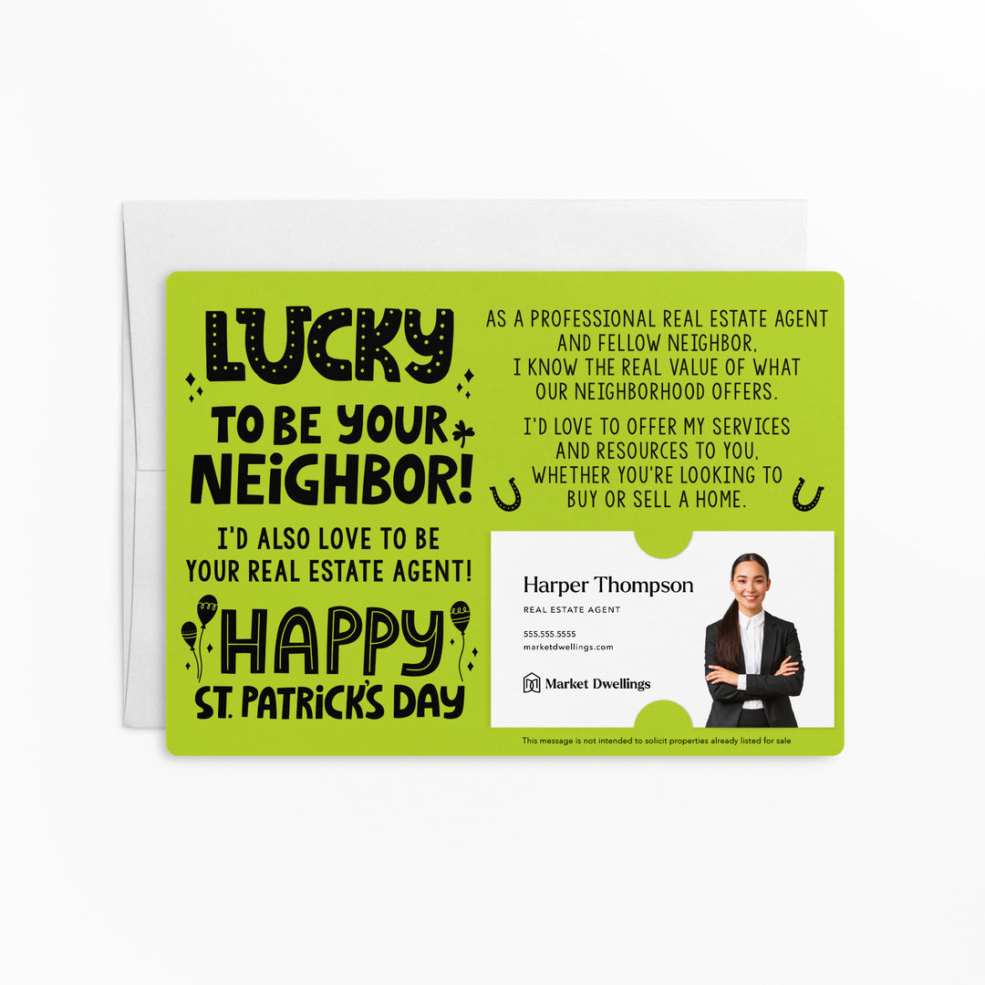 Set of "Lucky to Be Your Neighbor" St. Patrick's Day Real Estate Mailer | Envelopes Included | SP4-M003 Mailer Market Dwellings GREEN APPLE