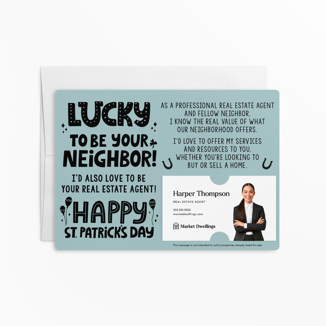 Set of "Lucky to Be Your Neighbor" St. Patrick's Day Real Estate Mailer | Envelopes Included | SP4-M003 Mailer Market Dwellings LIGHT BLUE