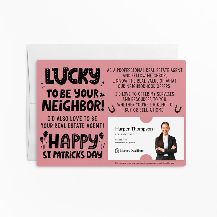 Set of "Lucky to Be Your Neighbor" St. Patrick's Day Real Estate Mailer | Envelopes Included | SP4-M003 Mailer Market Dwellings LIGHT PINK