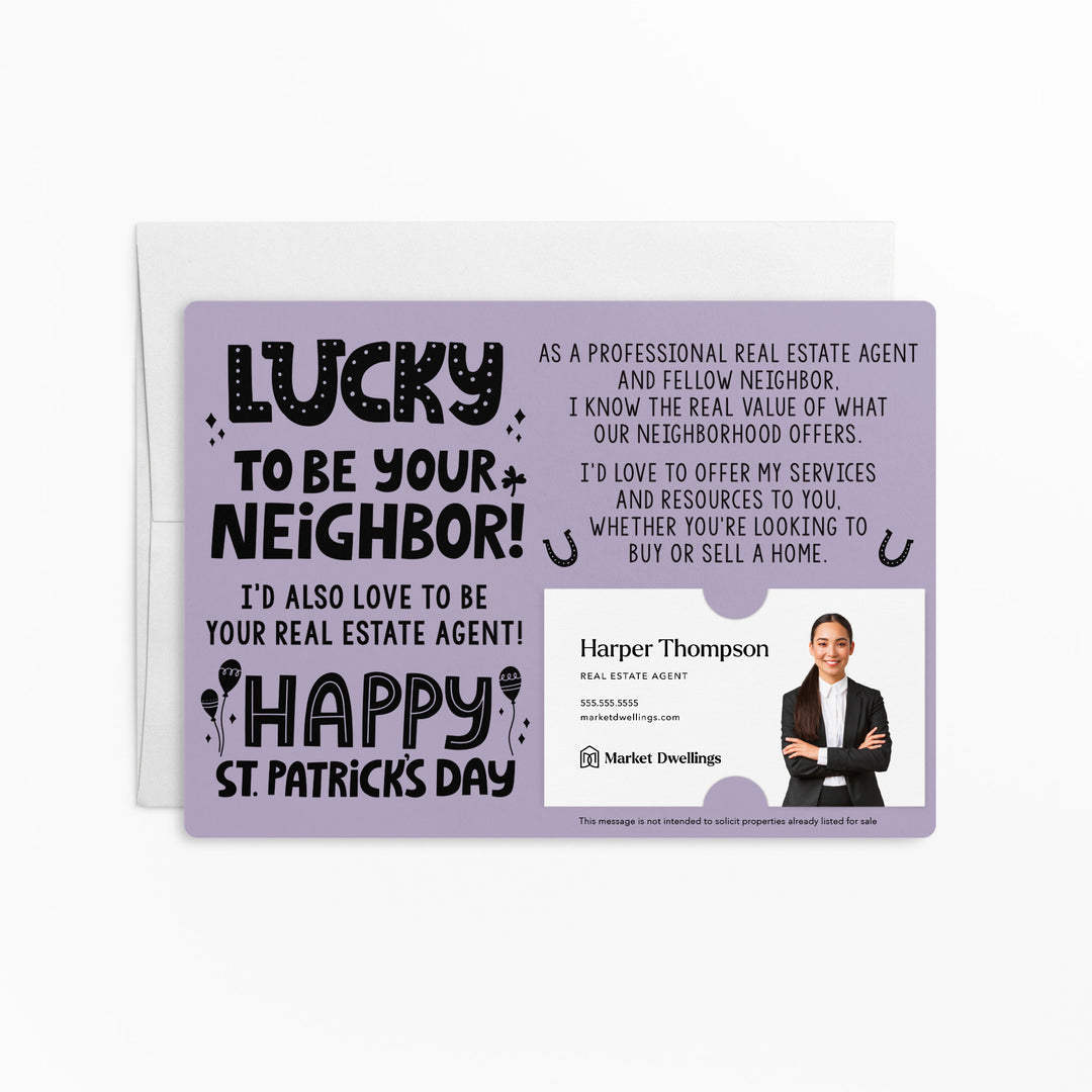 Set of "Lucky to Be Your Neighbor" St. Patrick's Day Real Estate Mailer | Envelopes Included | SP4-M003 Mailer Market Dwellings LIGHT PURPLE