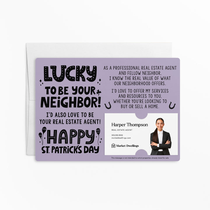 Set of "Lucky to Be Your Neighbor" St. Patrick's Day Real Estate Mailer | Envelopes Included | SP4-M003 Mailer Market Dwellings LIGHT PURPLE