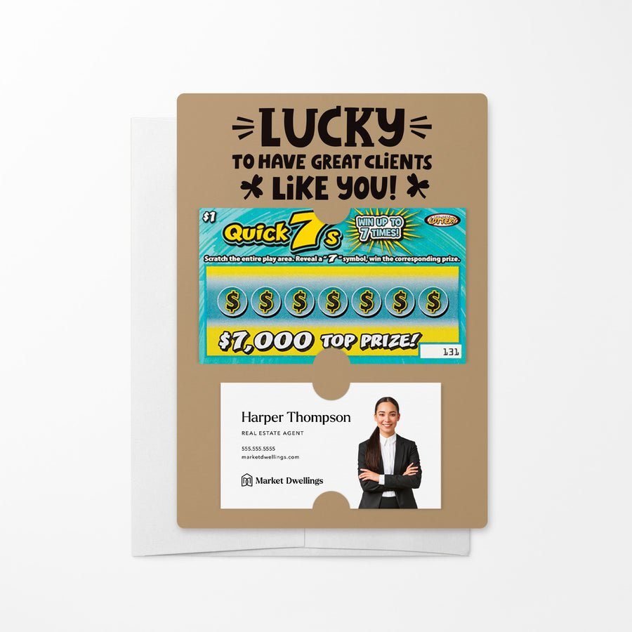 Set of Lucky to Have Great Clients Like You Lotto Scratch-Off Mailers | Envelopes Included Mailer Market Dwellings KRAFT