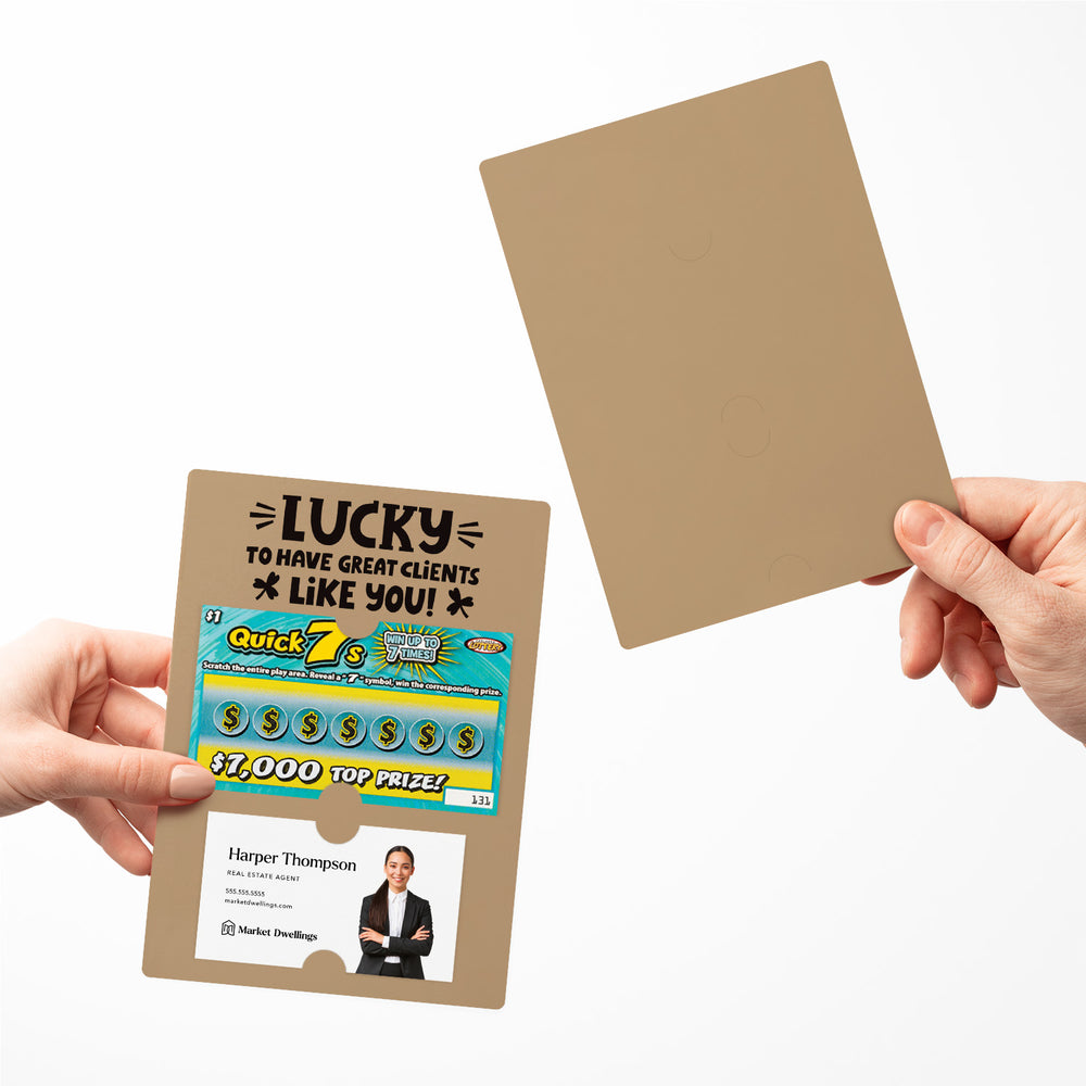 Set of Lucky to Have Great Clients Like You Lotto Scratch-Off Mailers | Envelopes Included Mailer Market Dwellings