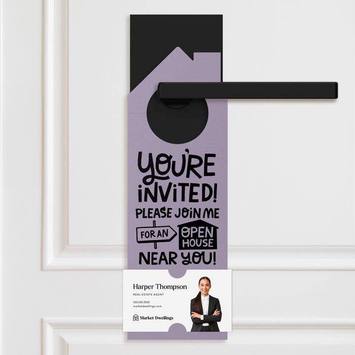 You're Invited! Please Join Me For An Open House Near You! Door Hangers Door Hanger Market Dwellings LIGHT PURPLE