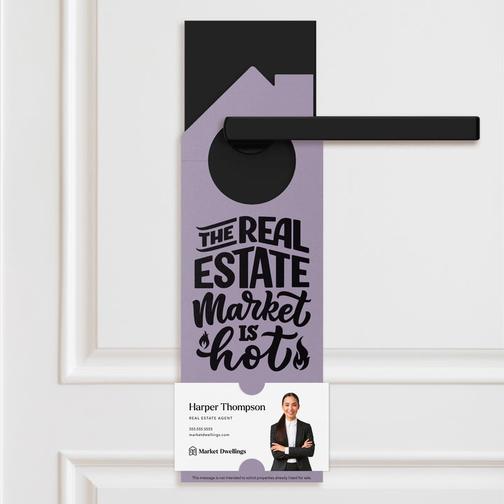 The Real Estate Market is Hot | Real Estate Agent Double Sided Door Hangers | 27-DH002 Door Hanger Market Dwellings RAZZLE BERRY  