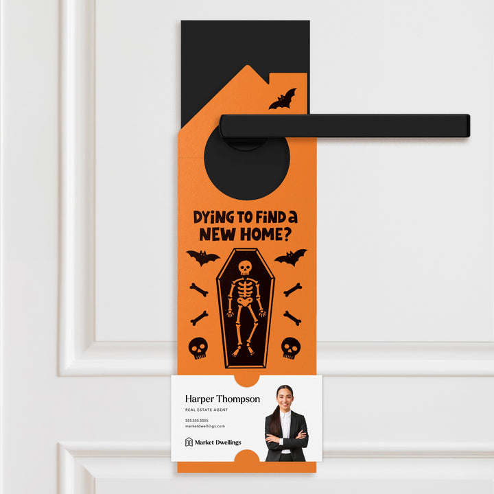 Dying To Find A New Home? | Halloween Real Estate Door Hangers | 94-DH002 Door Hanger Market Dwellings CARROT  