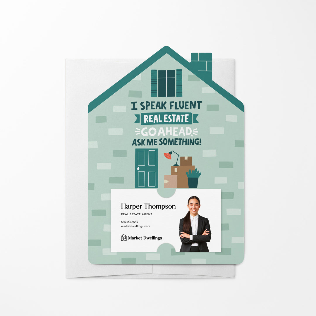 Set of I Speak Fluent Real Estate. Go Ahead, Ask Me Something! | Mailers | Envelopes Included | M106-M001 Mailer Market Dwellings