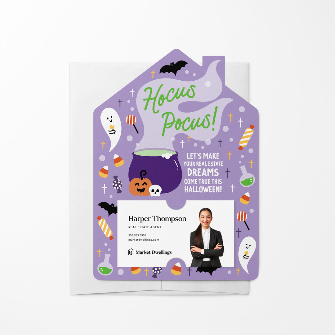 Set of Hocus Pocus! Let's Make Your Real Estate Dreams Come True This Halloween! | Halloween Mailers | Envelopes Included | M223-M001-AB Mailer Market Dwellings PURPLE