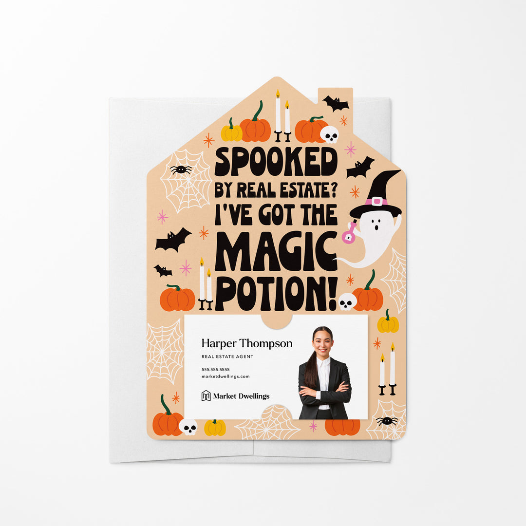 Set of Spooked by Real Estate? I've Got the Magic Potion! | Halloween Mailers | Envelopes Included | M224-M001-AB Mailer Market Dwellings BLACK