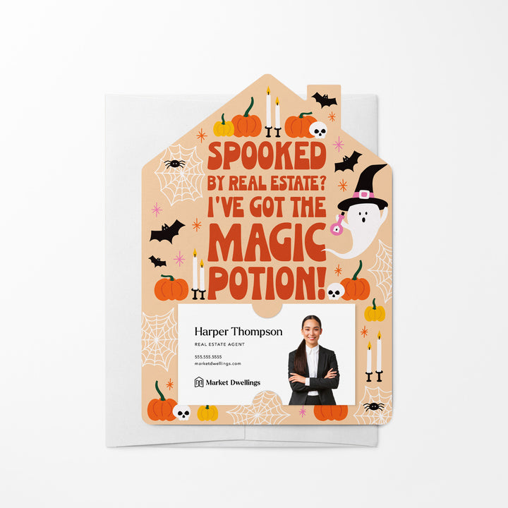 Set of Spooked by Real Estate? I've Got the Magic Potion! | Halloween Mailers | Envelopes Included | M224-M001-AB Mailer Market Dwellings SUNRISE ORANGE