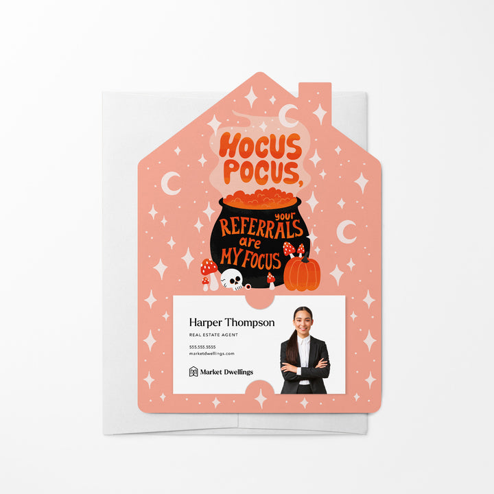 Set of Hocus Pocus, Your Referrals Are My Focus! | Halloween Mailers | Envelopes Included | M282-M001 Mailer Market Dwellings