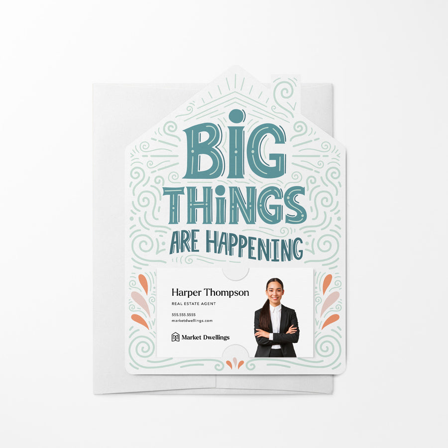 Set of Big Things Are Happening Mailers | New Real Estate Agent Introduction | Envelopes Included | M39-M001 Mailer Market Dwellings