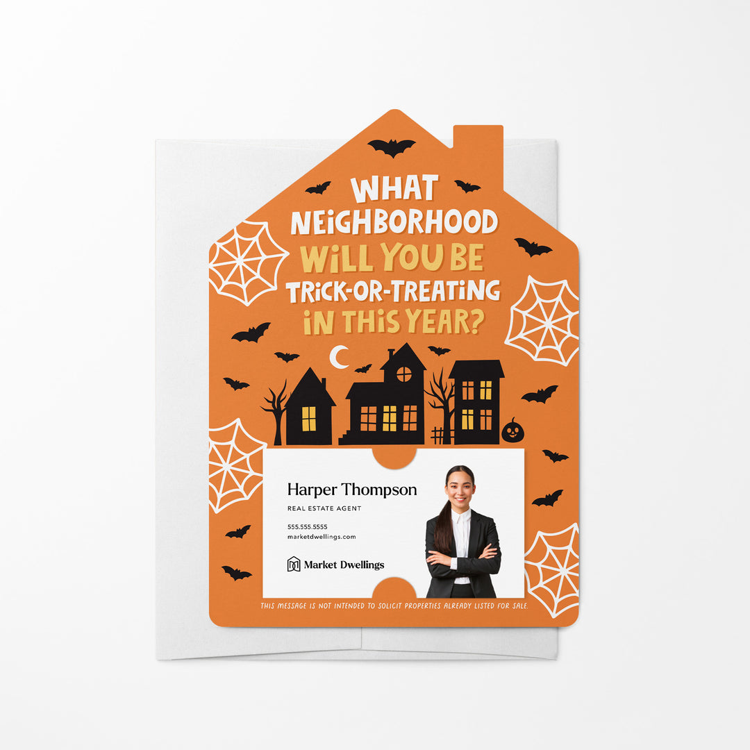 Set of What Neighborhood Will You Be Trick-Or-Treating In This Year? | Halloween Mailers | Envelopes Included | M74-M001 Mailer Market Dwellings