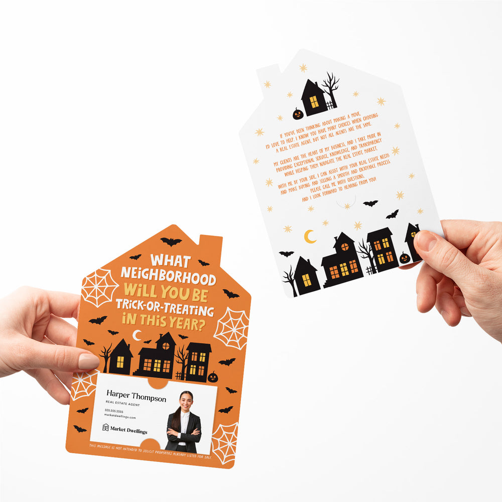 Set of What Neighborhood Will You Be Trick-Or-Treating In This Year? | Halloween Mailers | Envelopes Included | M74-M001 Mailer Market Dwellings