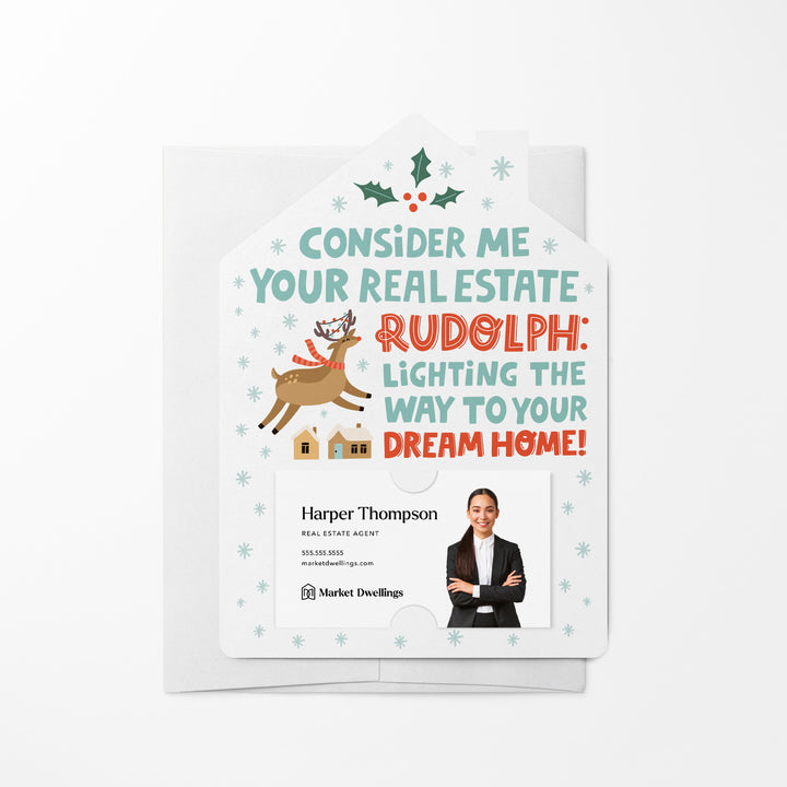 Set of Consider Me Your Real Estate Rudolph: Lighting The Way To Your Dream Home. | Winter Christmas Mailers | Envelopes Included | M80-M001 Mailer Market Dwellings