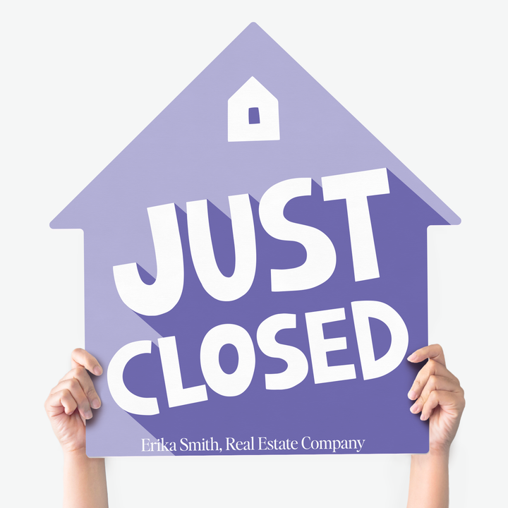 Customizable | Closing Day Real Estate House Sign | Photo Prop | DSY3 House Sign Market Dwellings JUST CLOSED PURPLE 