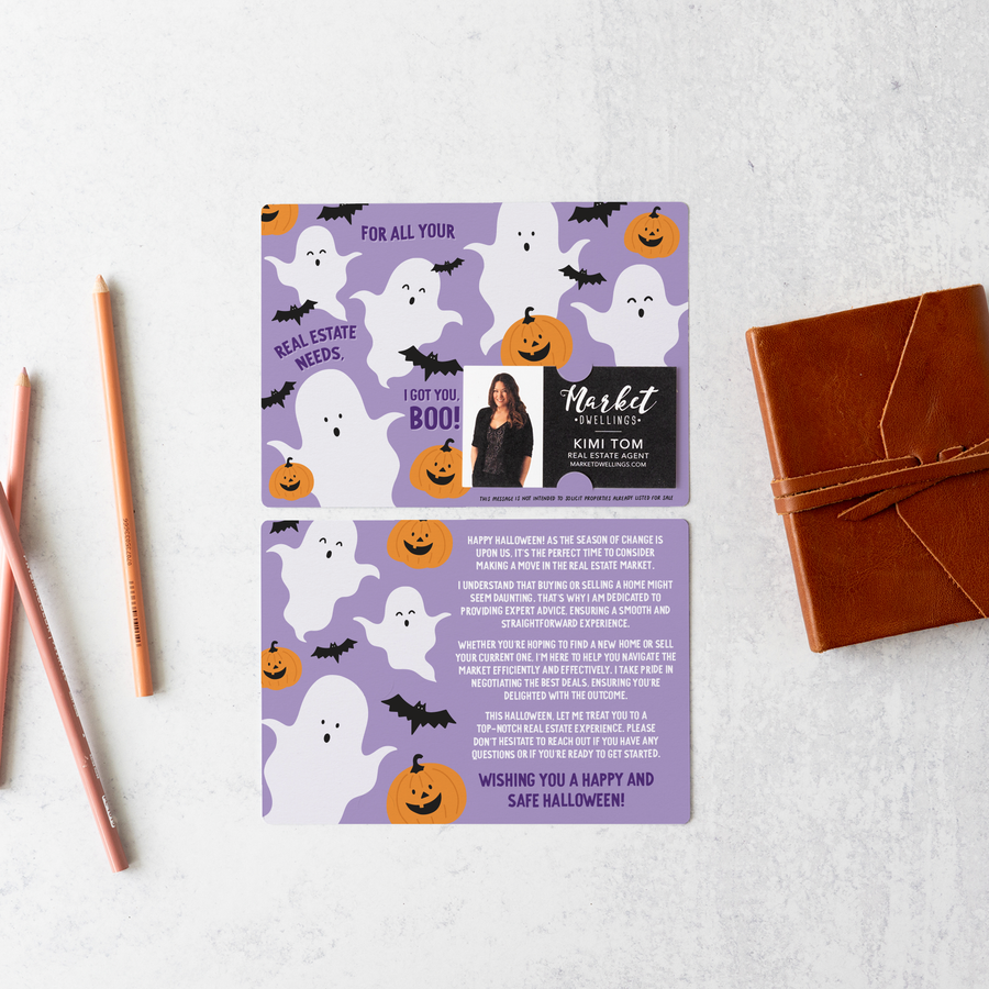 Set of For all your real estate needs, I got you, BOO! | Halloween Mailers | Envelopes Included | M143-M003-AB Mailer Market Dwellings PURPLE  