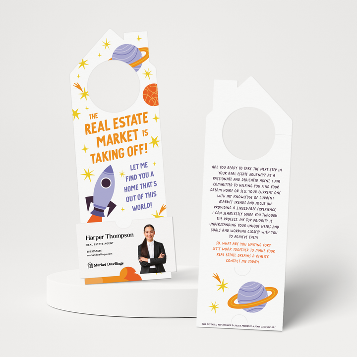 The Real Estate Market Is Taking Off! | Door Hangers | 264-DH002-AB Door Hanger Market Dwellings WHITE  