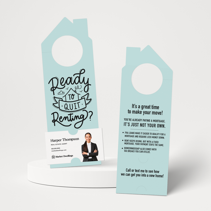 Ready to Quit Renting? | Double-Sided Real Estate Door Hangers | 53-DH002 Door Hanger Market Dwellings LIGHT BLUE  
