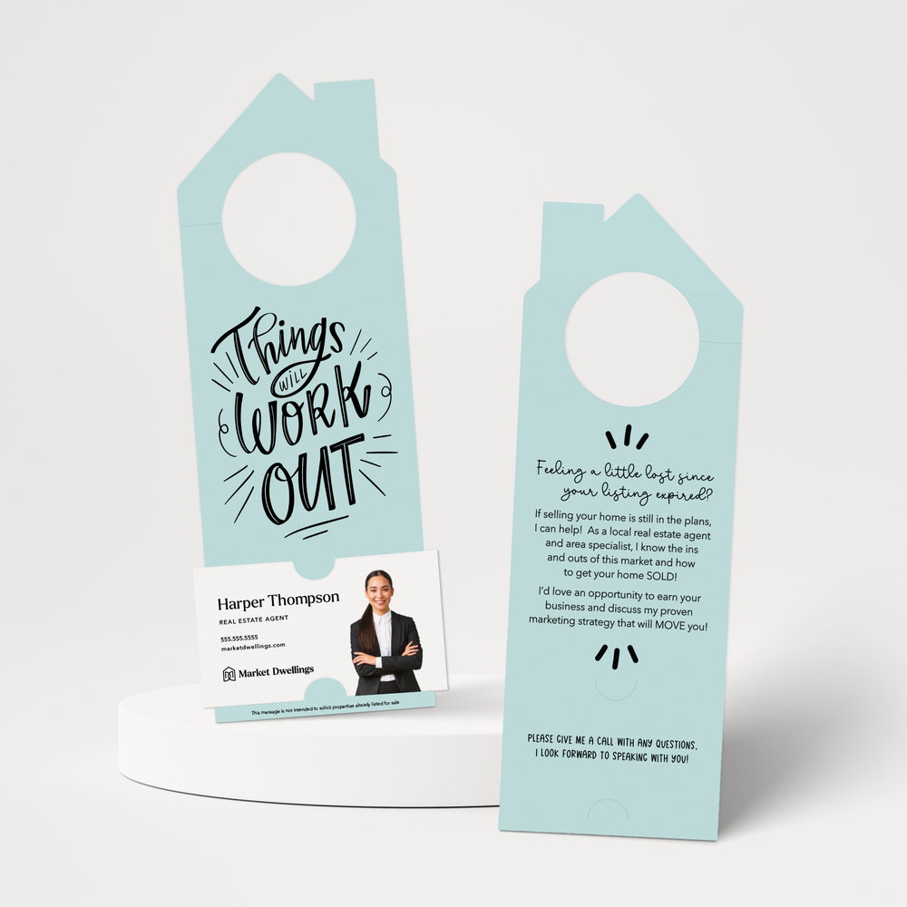 Things Will Work Out Real Estate Expired Listing | Double Sided Door Hangers | 35-DH002 Door Hanger Market Dwellings LIGHT BLUE  